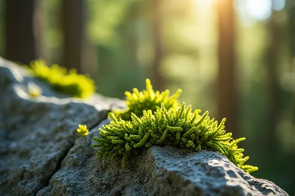 URL: Macro photography of green lichen on Sierra Nevada granite rock representing growth and mental clarity.