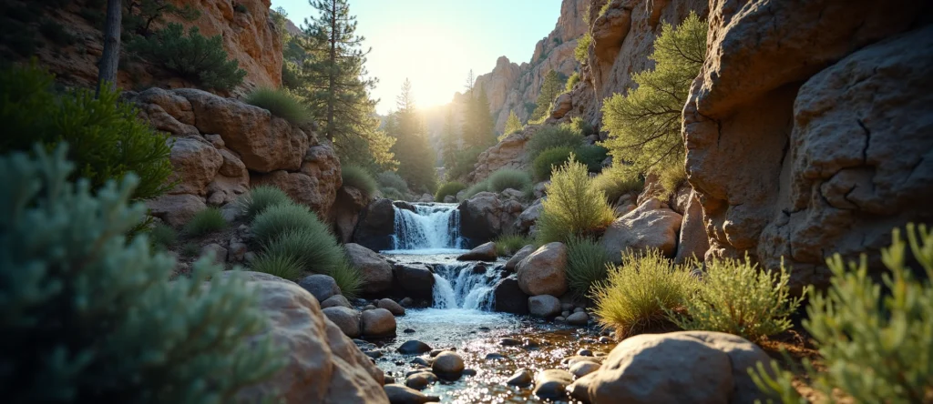 Symbolizing Flow/Cleansing: A local Bitterbrush hidden small waterfall. - AI Generated