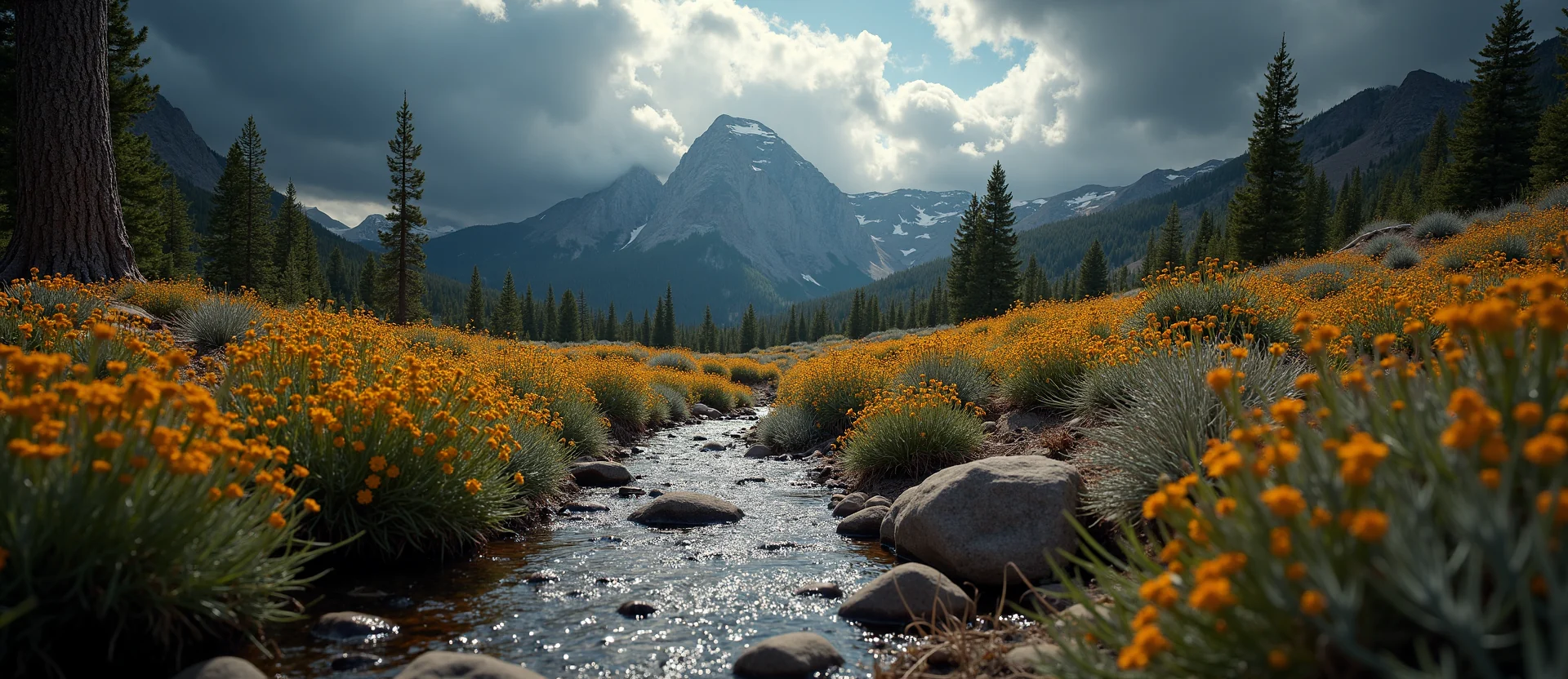 Symbolizing Flow/Cleansing: A local Indian Paintbrush babbling mountain creek. - AI Generated