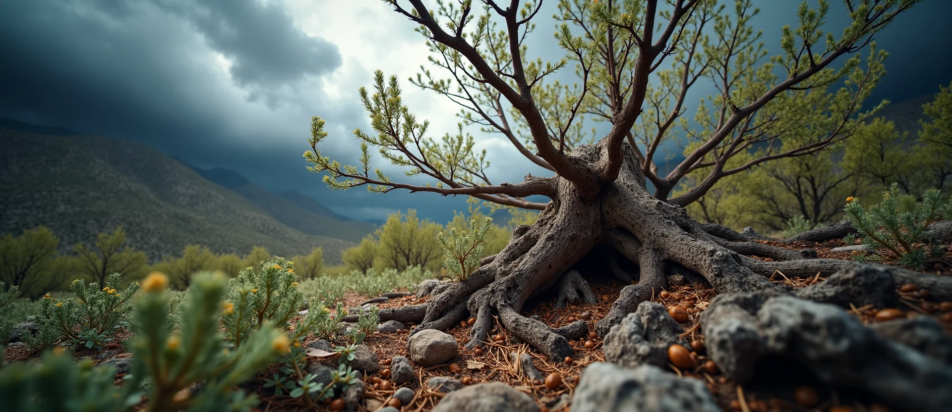 Symbolizing Growth/Resilience: A local Bitterbrush gnarled juniper roots. - AI Generated