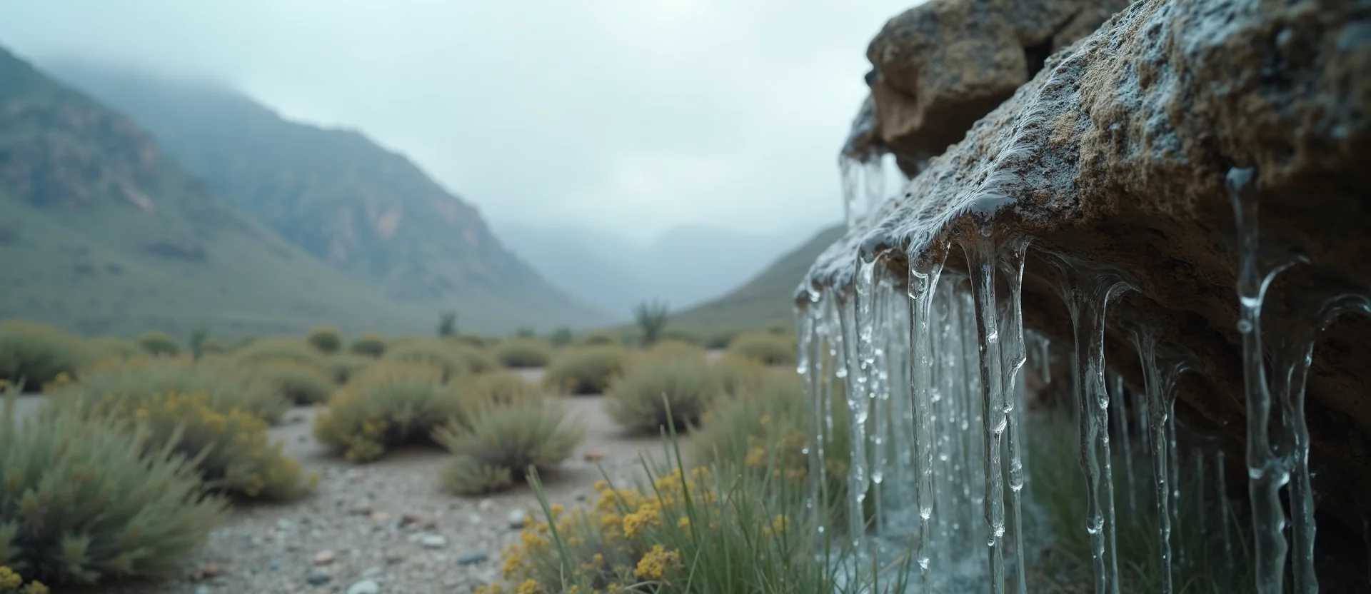 Symbolizing Flow/Cleansing: A local Desert Peach raindrops on desert leaves. - AI Generated