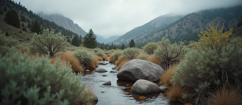 Symbolizing Flow/Cleansing: A local Rabbitbrush smooth Truckee river stones. - AI Generated