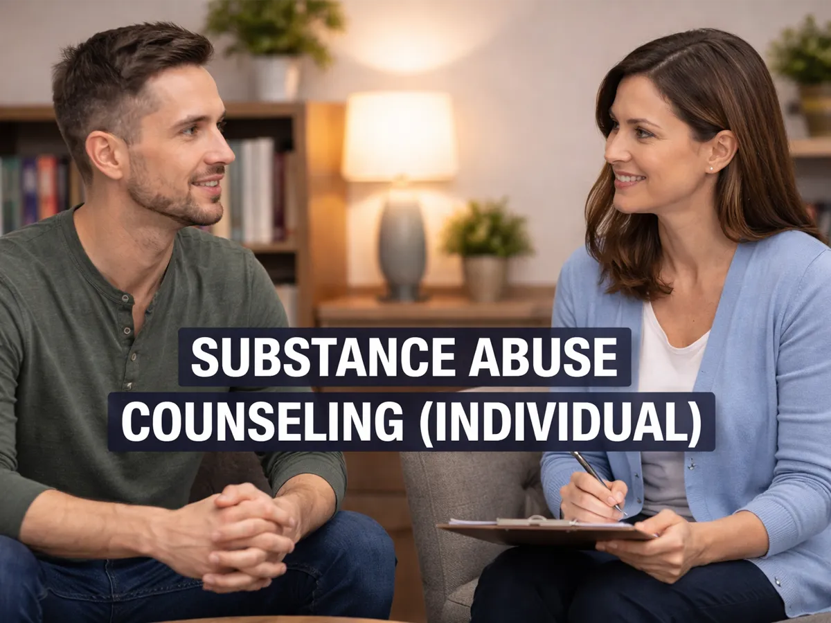 A professional female clinician engaged in a one-on-one session with a client in a Reno treatment center, featuring large text overlay that reads "SUBSTANCE ABUSE COUNSELING (INDIVIDUAL)," representing structured clinical recovery, behavior change, and personalized therapeutic support.