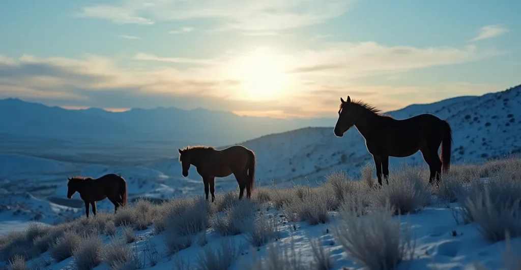 Three horses covered in heavy morning frost, representing mental clarity and peace during the evaluation process.