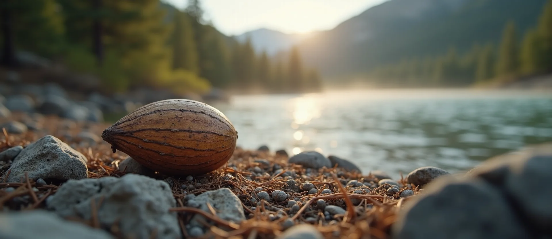 Symbolizing Seed/New Beginning: A local Sierra Juniper single pine seed on dry earth. - AI Generated
