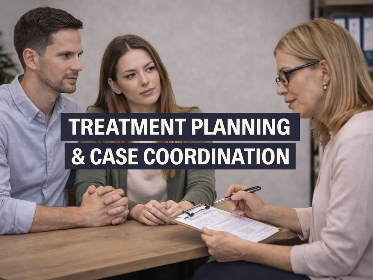 A professional female clinician in a Reno office facilitating a planning session with a client couple, featuring large text overlay that reads "TREATMENT PLANNING & CASE COORDINATION," representing integrated recovery pathways, provider coordination, and long-term stabilization support.