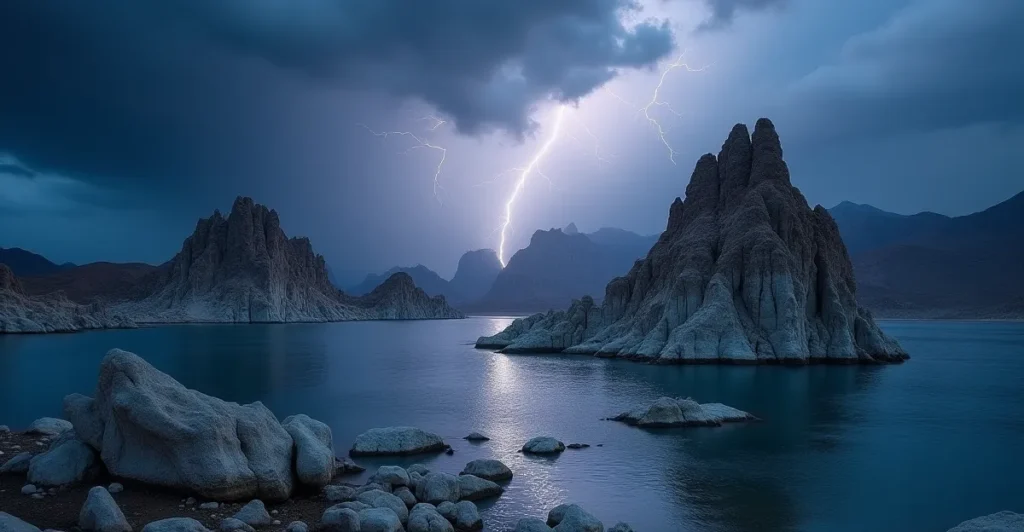 Wide-angle landscape of Pyramid Lake tufa formations under a storm sky symbolizing family resilience and enduring strength.