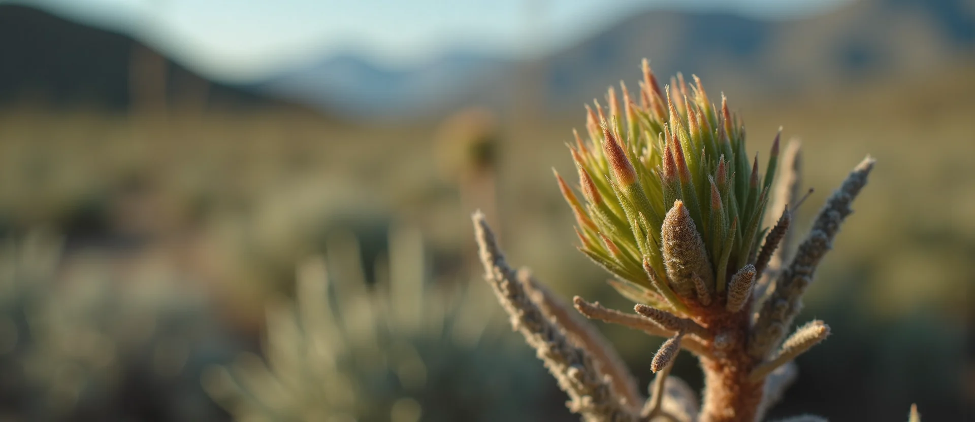 Symbolizing Seed/New Beginning: A local Indian Paintbrush new green bud on a branch. - AI Generated