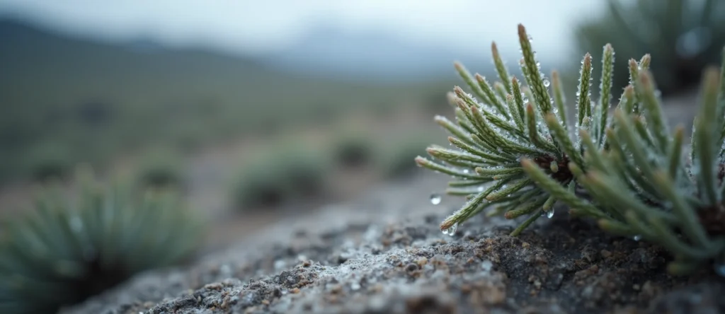 Symbolizing Flow/Cleansing: A local Sierra Juniper raindrops on desert leaves. - AI Generated