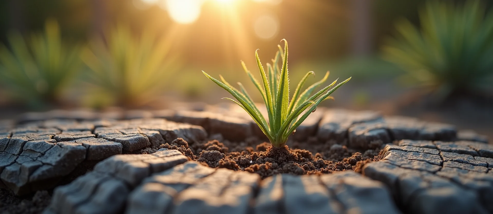 Symbolizing Seed/New Beginning: A local Sagebrush (Artemisia tridentata) shoot emerging from cracked soil. - AI Generated