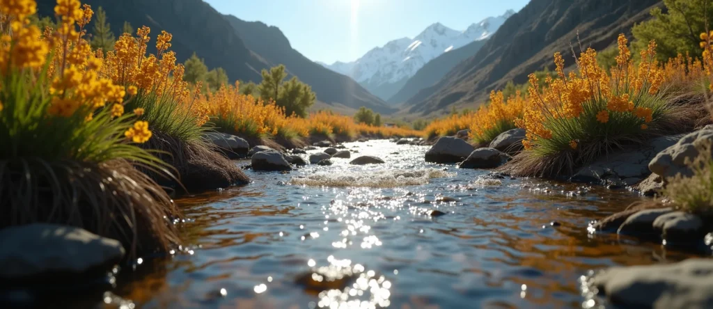 Symbolizing Flow/Cleansing: A local Indian Paintbrush clear cold snowmelt stream. - AI Generated