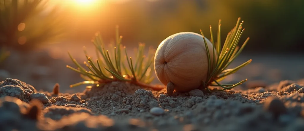 Symbolizing Seed/New Beginning: A local Desert Peach single pine seed on dry earth. - AI Generated