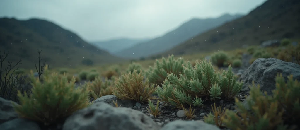 Symbolizing Flow/Cleansing: A local Rabbitbrush raindrops on desert leaves. - AI Generated