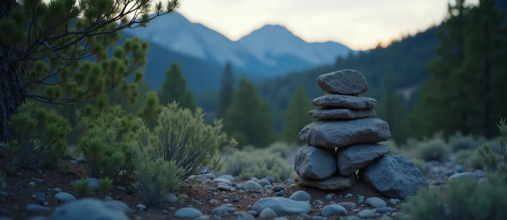 Symbolizing Stability/Peak: A local Ponderosa Pine ancient rock cairn. - AI Generated