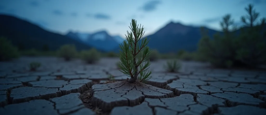 Symbolizing Seed/New Beginning: A local Manzanita shoot emerging from cracked soil. - AI Generated
