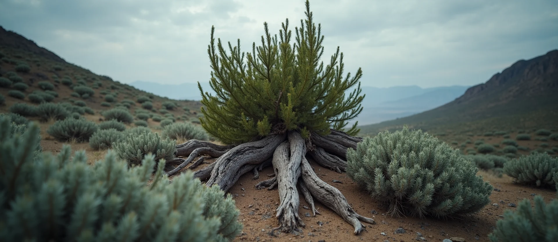 Symbolizing Growth/Resilience: A local Rabbitbrush gnarled juniper roots. - AI Generated