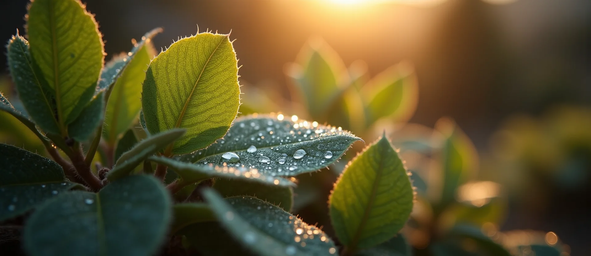 Symbolizing Flow/Cleansing: A local Mountain Mahogany raindrops on desert leaves. - AI Generated