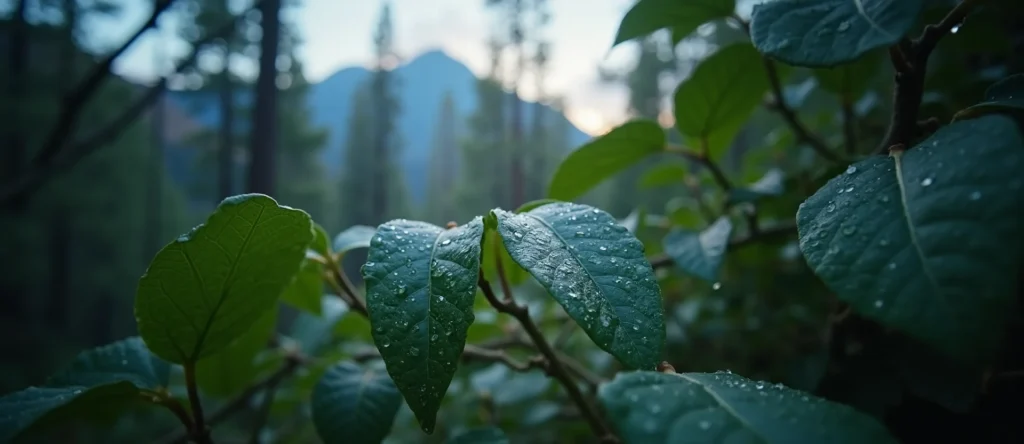 Symbolizing Flow/Cleansing: A local Quaking Aspen raindrops on desert leaves. - AI Generated