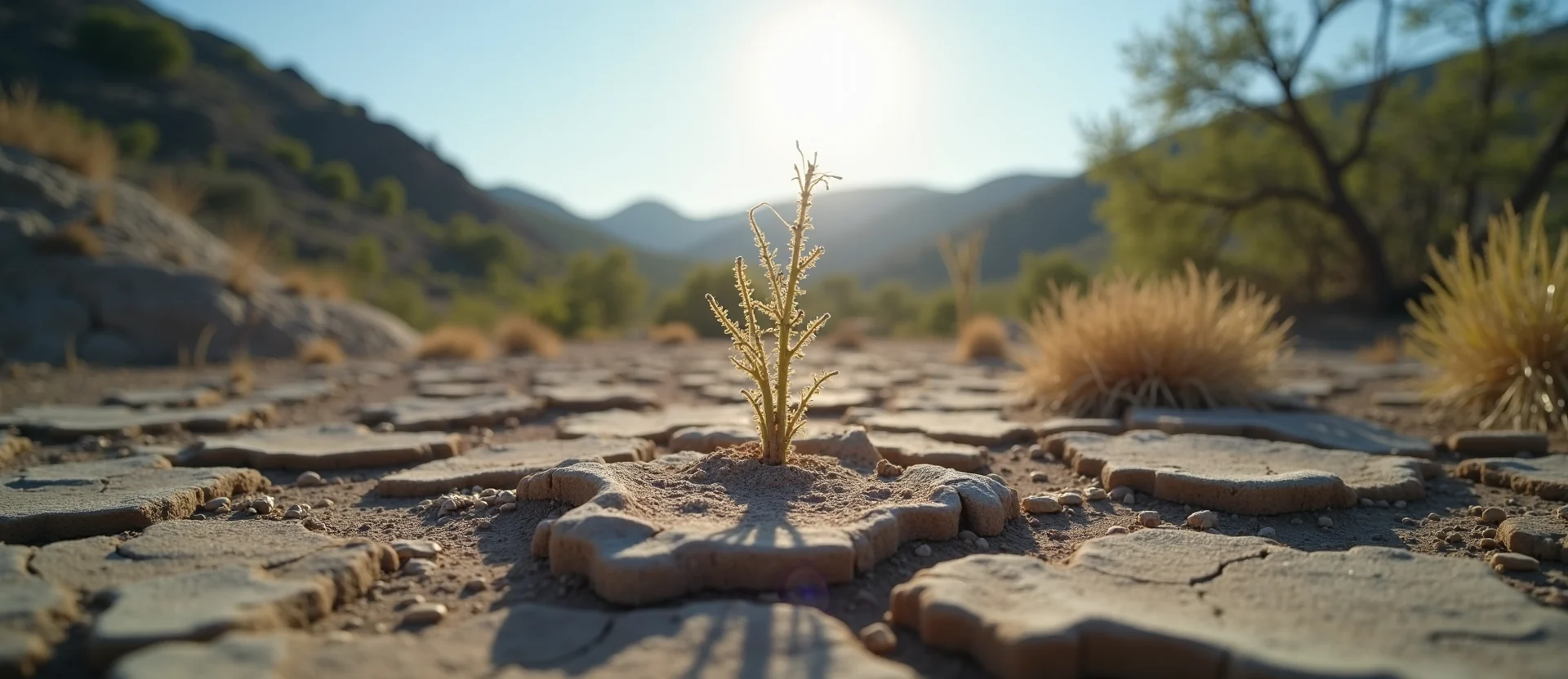 Symbolizing Seed/New Beginning: A local Desert Peach shoot emerging from cracked soil. - AI Generated