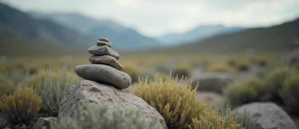 Symbolizing Stability/Peak: A local Desert Peach ancient rock cairn. - AI Generated