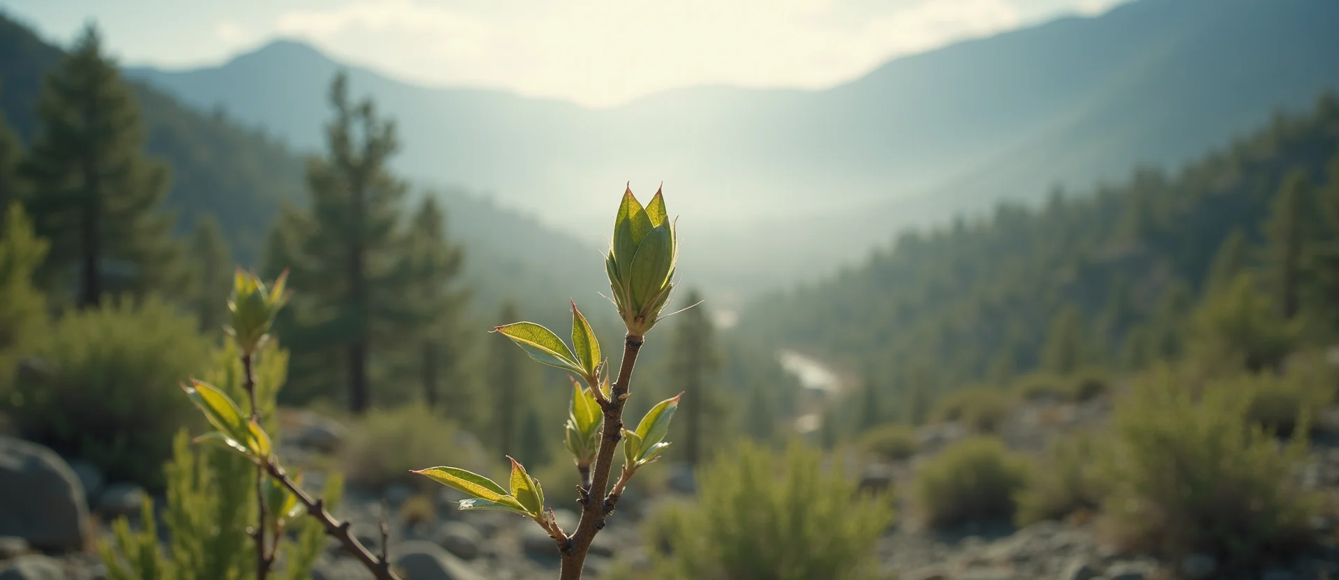 Symbolizing Seed/New Beginning: A local Manzanita new green bud on a branch. - AI Generated