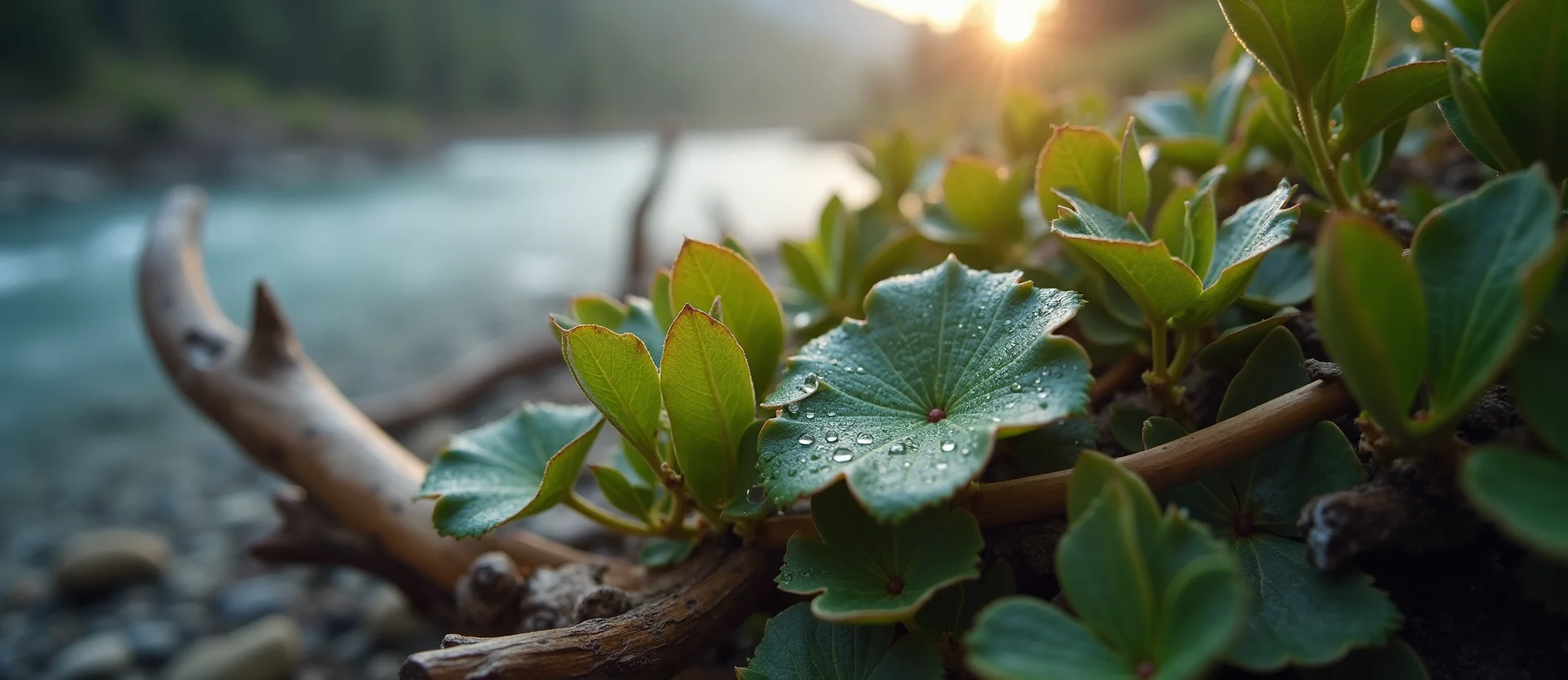 Symbolizing Flow/Cleansing: A local Manzanita raindrops on desert leaves. - AI Generated