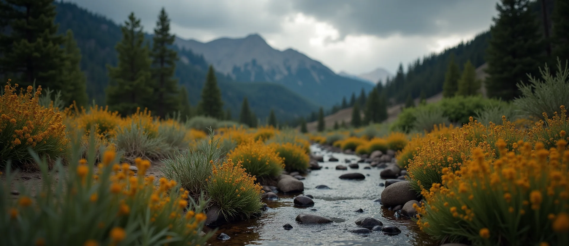 Symbolizing Flow/Cleansing: A local Indian Paintbrush babbling mountain creek. - AI Generated