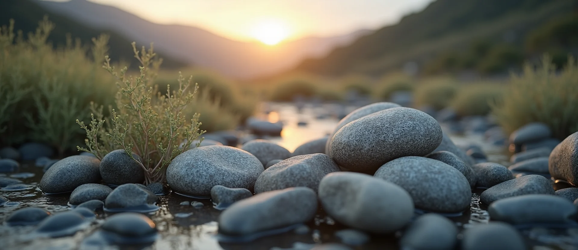 Symbolizing Flow/Cleansing: A local Rabbitbrush smooth Truckee river stones. - AI Generated