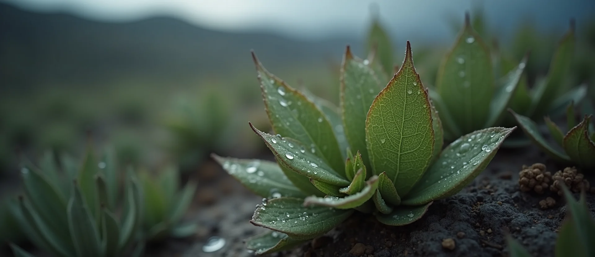 Symbolizing Flow/Cleansing: A local Bitterbrush raindrops on desert leaves. - AI Generated