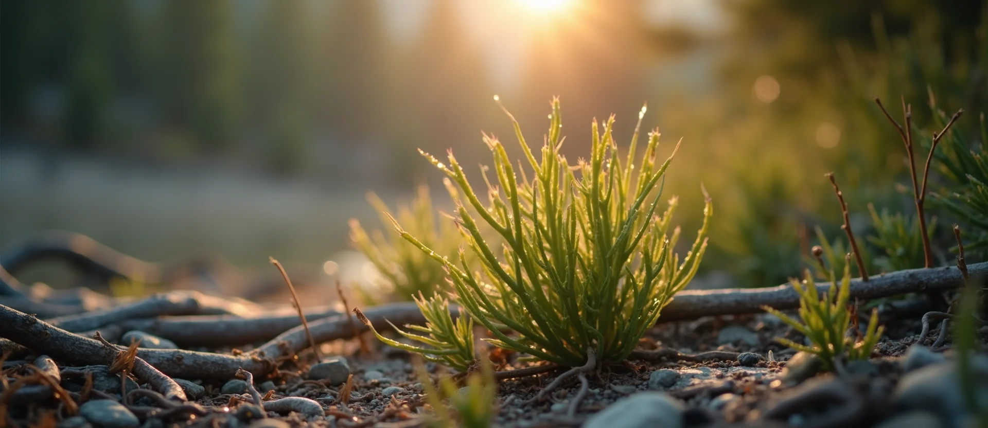 Symbolizing Flow/Cleansing: A local Rabbitbrush raindrops on desert leaves. - AI Generated