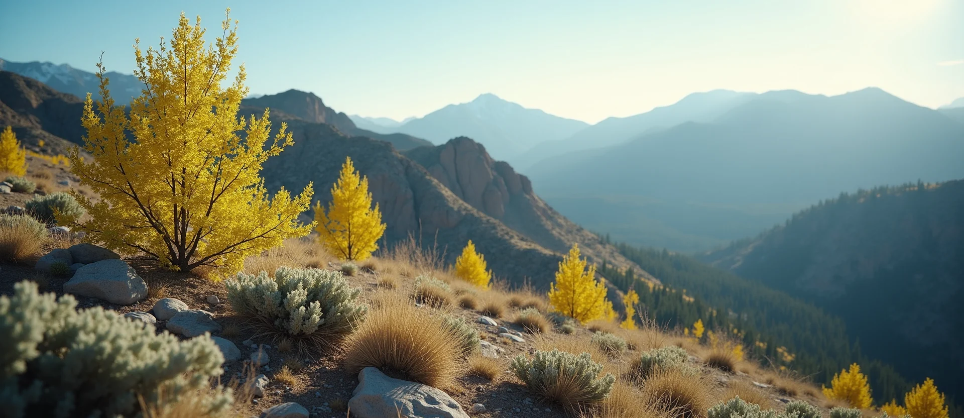 Symbolizing Stability/Peak: A local Rabbitbrush solid mountain ridge. - AI Generated