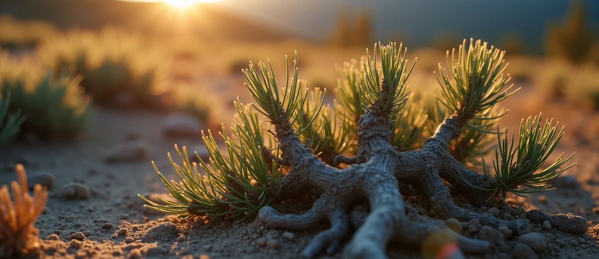 Symbolizing Growth/Resilience: A local Indian Paintbrush gnarled juniper roots. - AI Generated