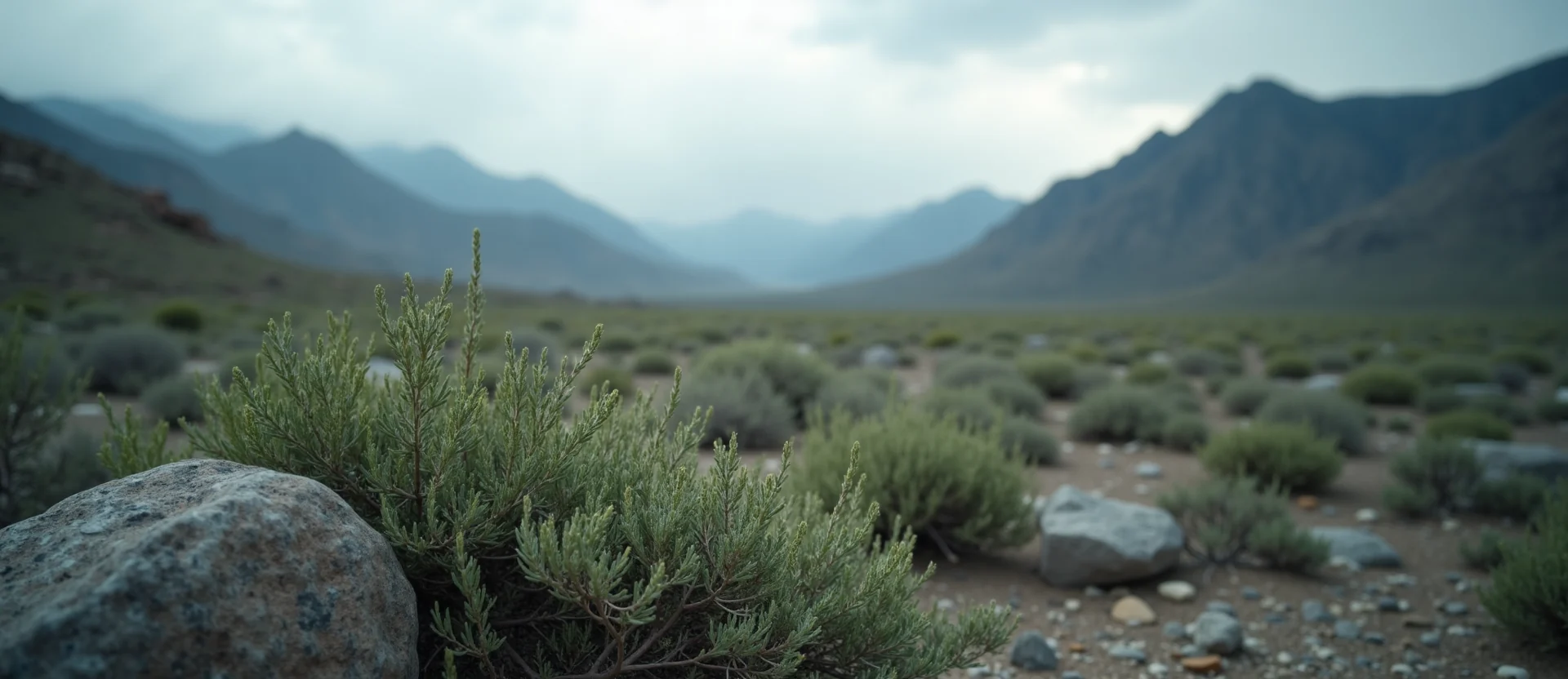 Symbolizing Flow/Cleansing: A local Sagebrush (Artemisia tridentata) raindrops on desert leaves. - AI Generated