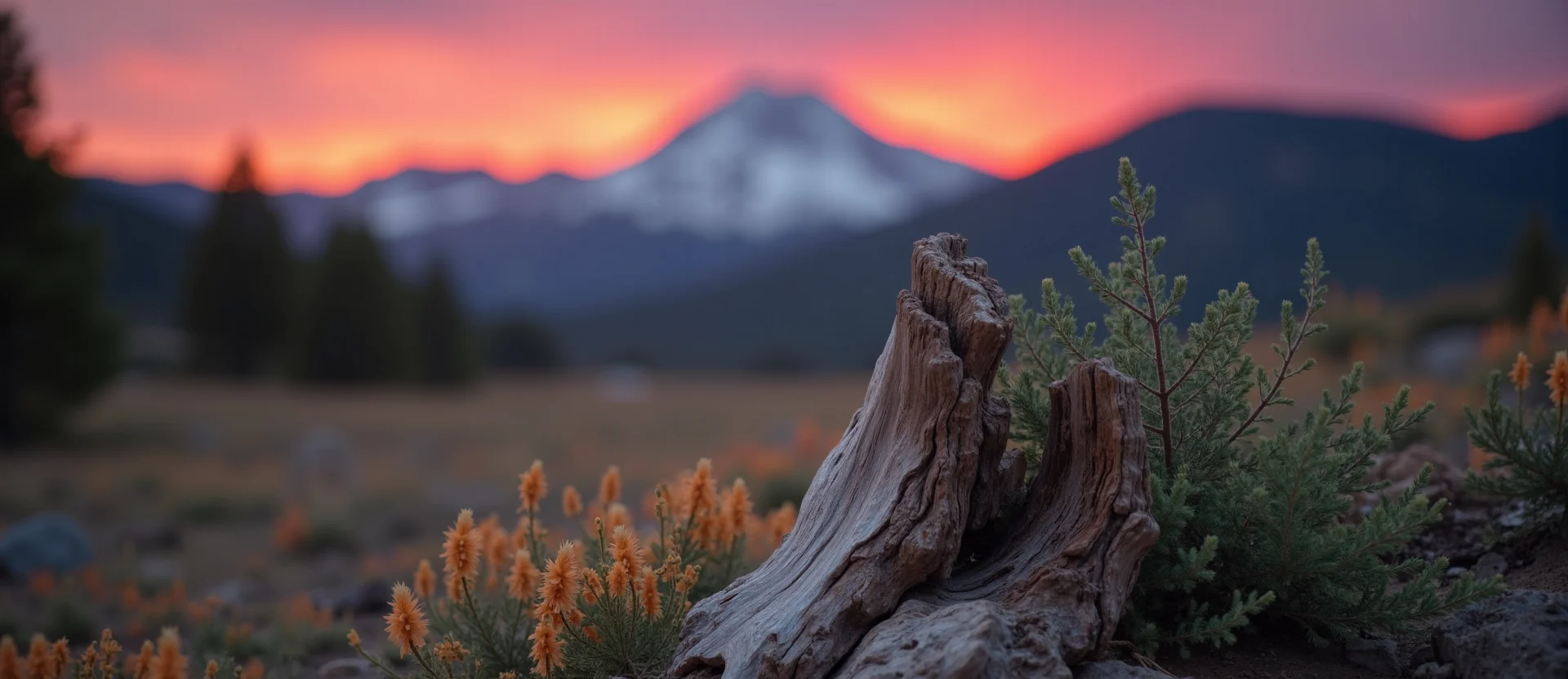 Symbolizing Growth/Resilience: A local Indian Paintbrush sturdy weathered tree trunk. - AI Generated