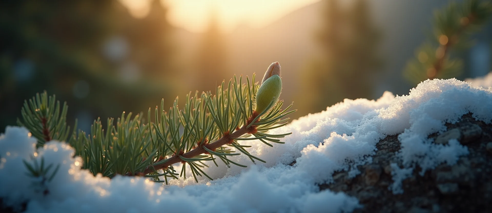 Symbolizing Seed/New Beginning: A local Sierra Juniper new green bud on a branch. - AI Generated