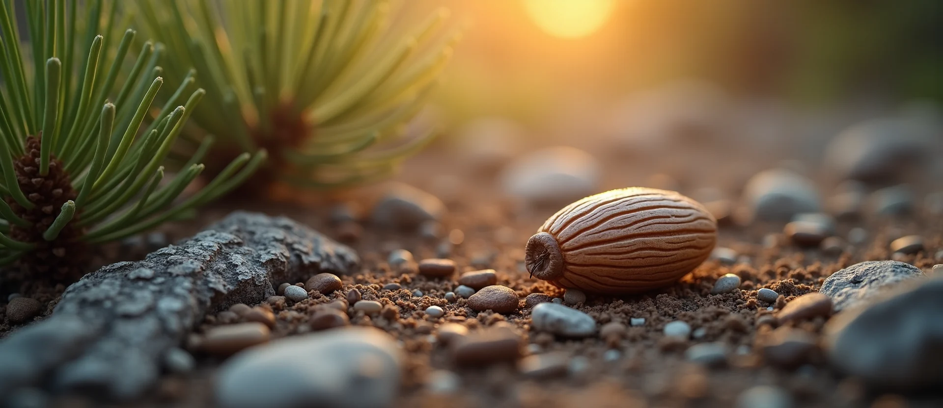 Symbolizing Seed/New Beginning: A local Manzanita single pine seed on dry earth. - AI Generated