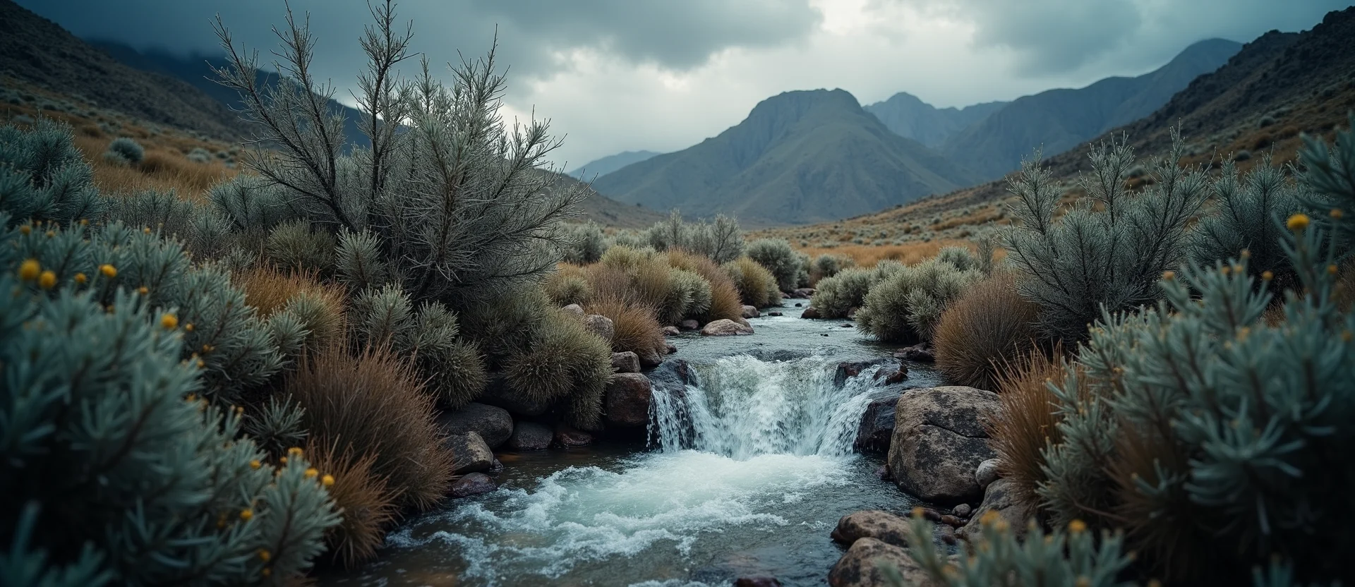 Symbolizing Flow/Cleansing: A local Bitterbrush hidden small waterfall. - AI Generated