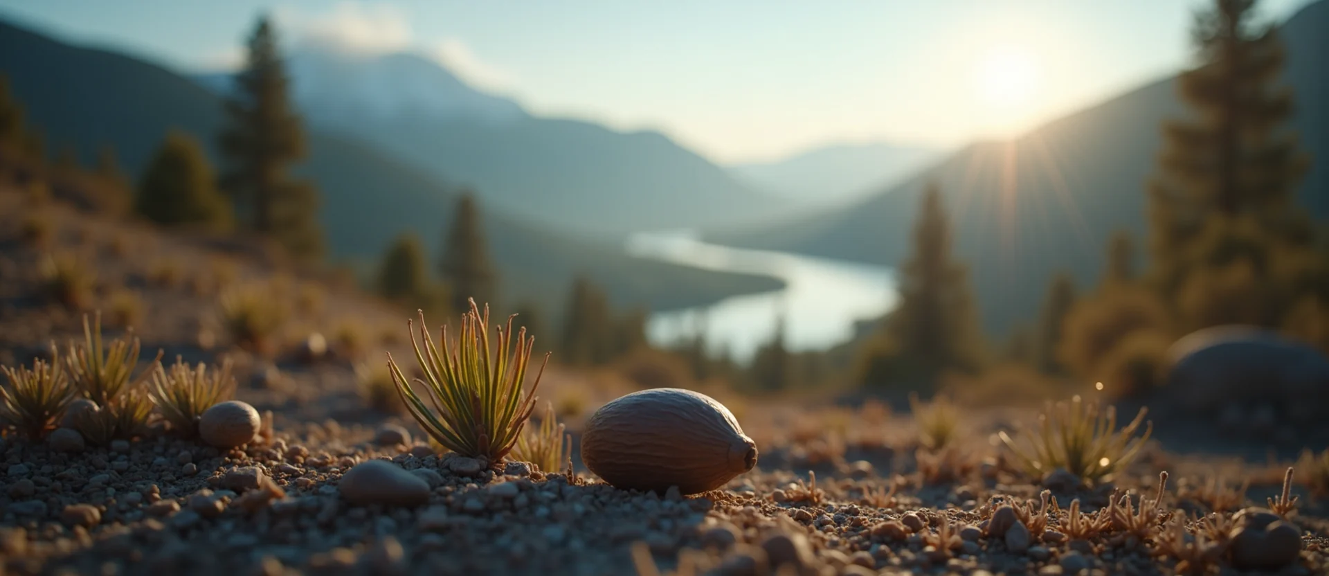 Symbolizing Seed/New Beginning: A local Manzanita single pine seed on dry earth. - AI Generated