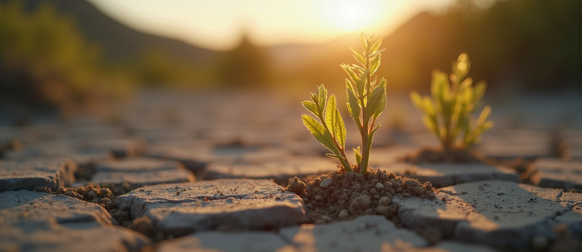 Symbolizing Seed/New Beginning: A local Desert Peach shoot emerging from cracked soil. - AI Generated