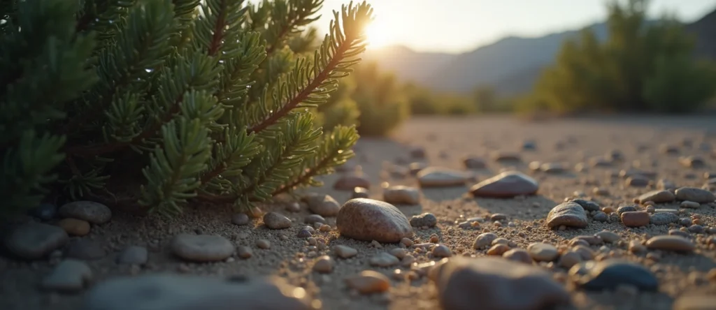 Symbolizing Flow/Cleansing: A local Sierra Juniper raindrops on desert leaves. - AI Generated