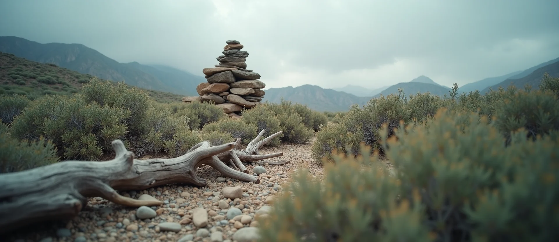 Symbolizing Stability/Peak: A local Desert Peach ancient rock cairn. - AI Generated