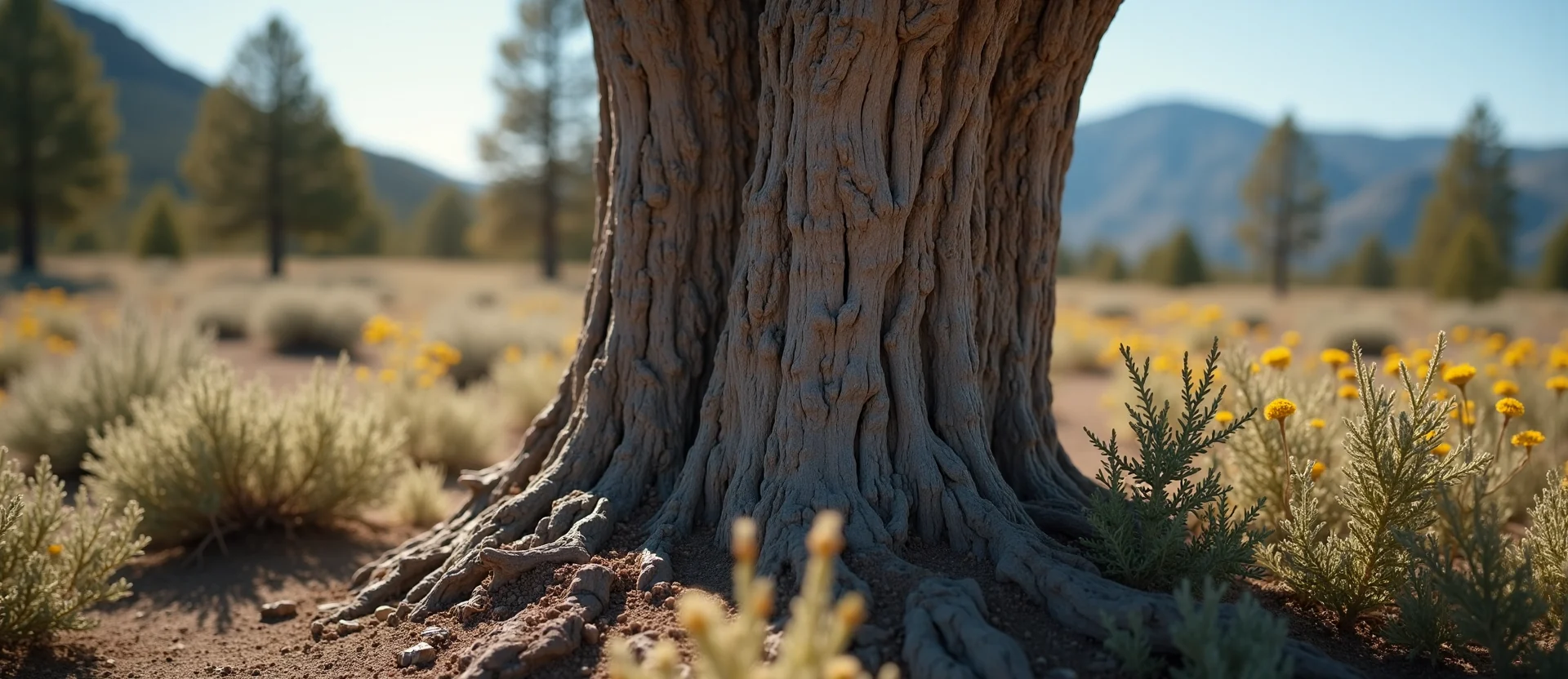 Symbolizing Growth/Resilience: A local Indian Paintbrush sturdy weathered tree trunk. - AI Generated