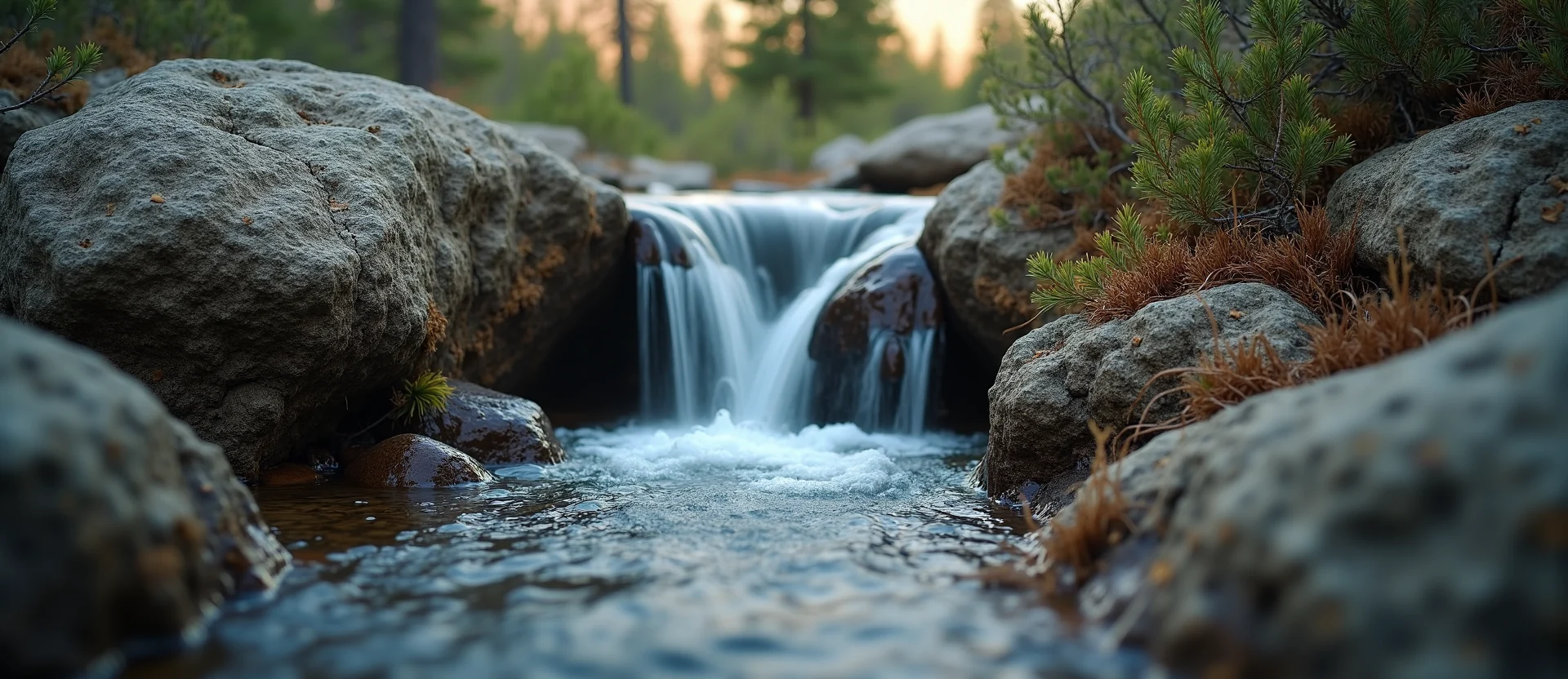 Symbolizing Flow/Cleansing: A local Mountain Mahogany hidden small waterfall. - AI Generated