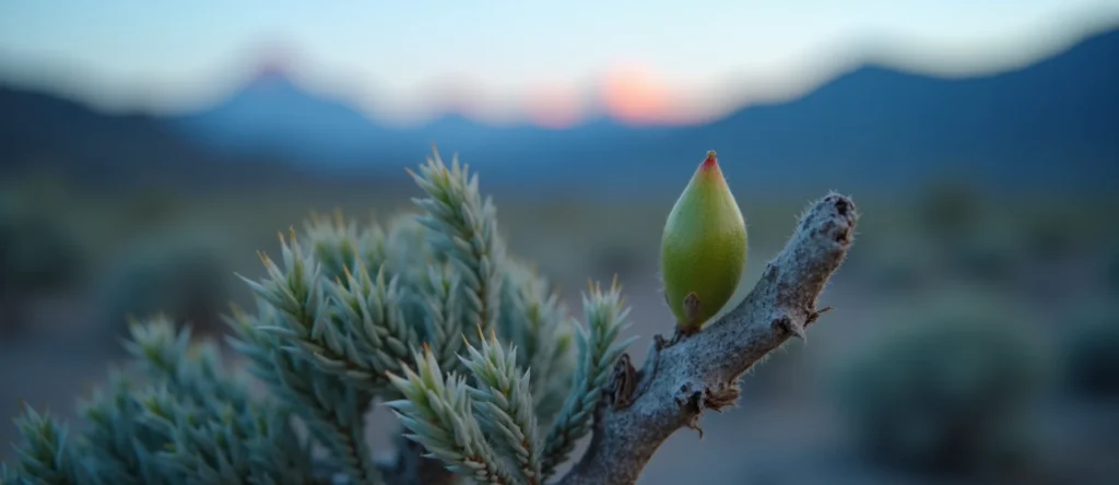 Symbolizing Seed/New Beginning: A local Desert Peach new green bud on a branch. - AI Generated