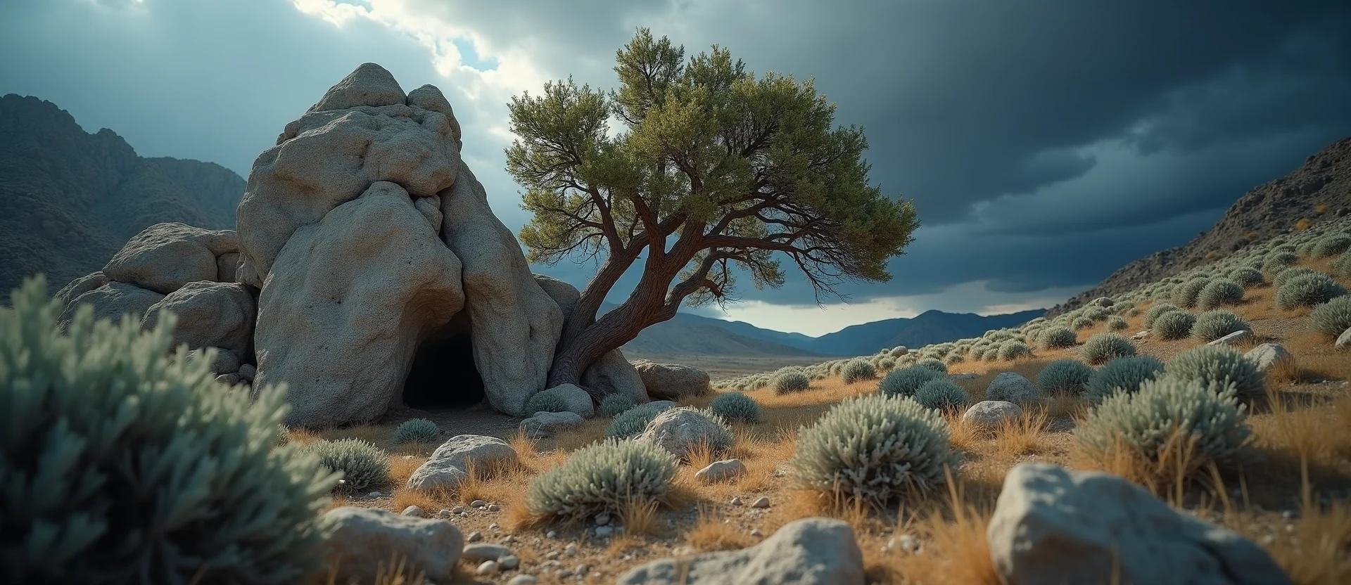 Symbolizing Growth/Resilience: A local Bitterbrush tree growing out of a rock cleft. - AI Generated
