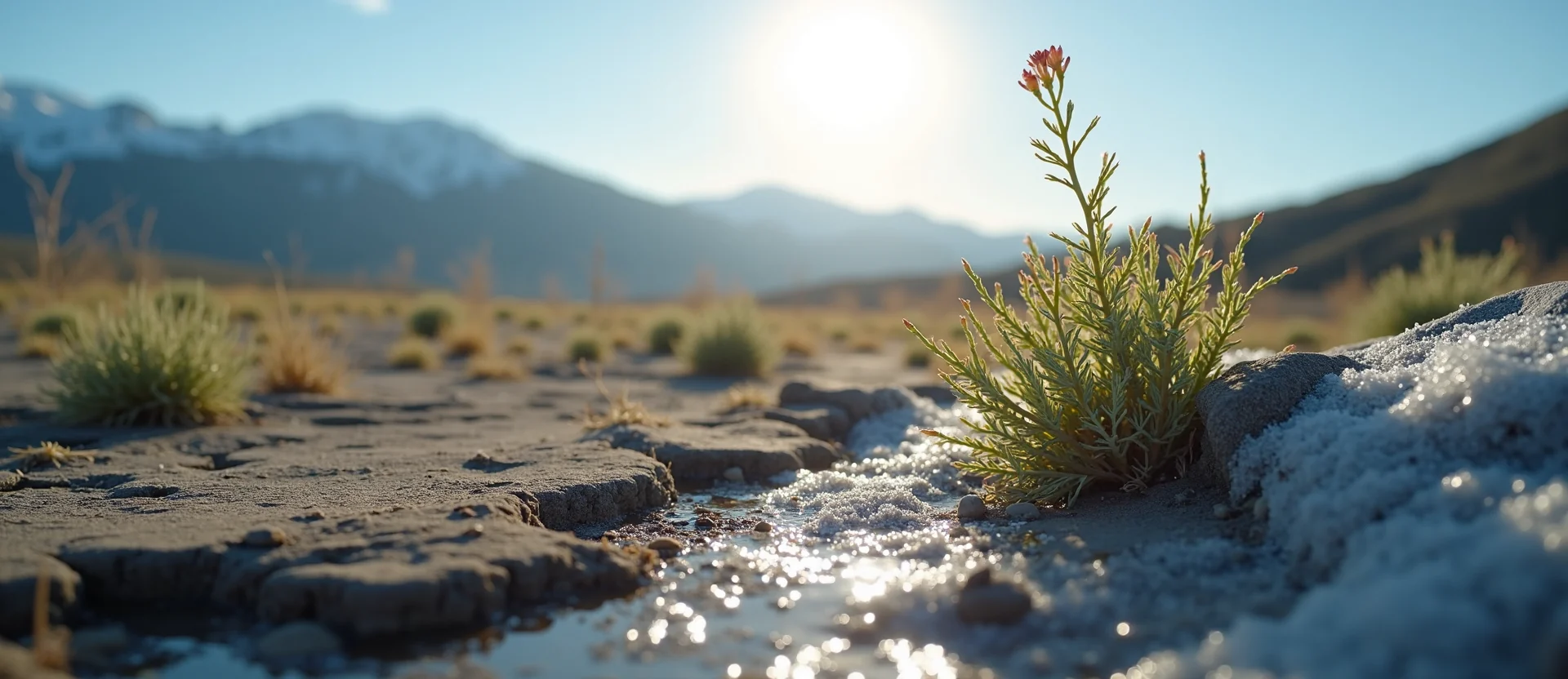 Symbolizing Seed/New Beginning: A local Sagebrush (Artemisia tridentata) shoot emerging from cracked soil. - AI Generated