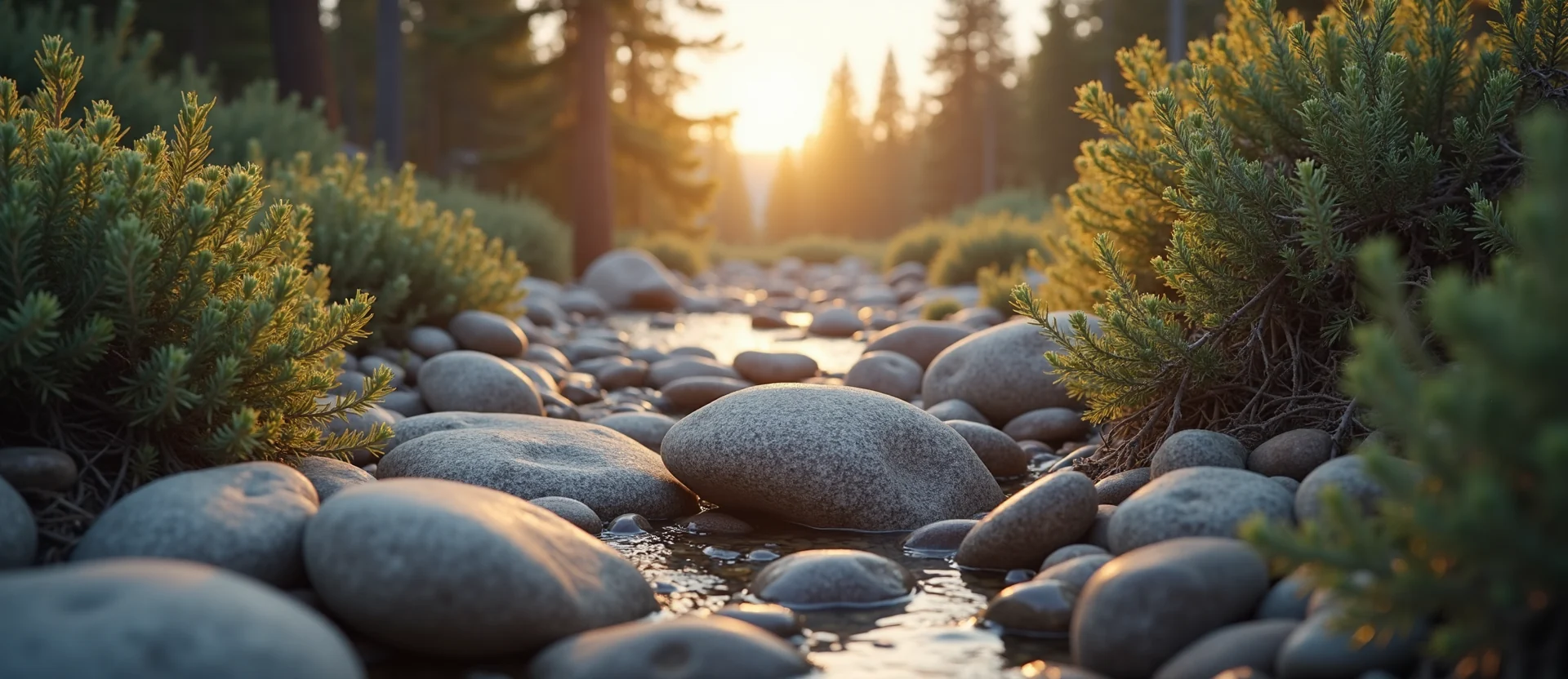 Symbolizing Flow/Cleansing: A local Rabbitbrush smooth Truckee river stones. - AI Generated