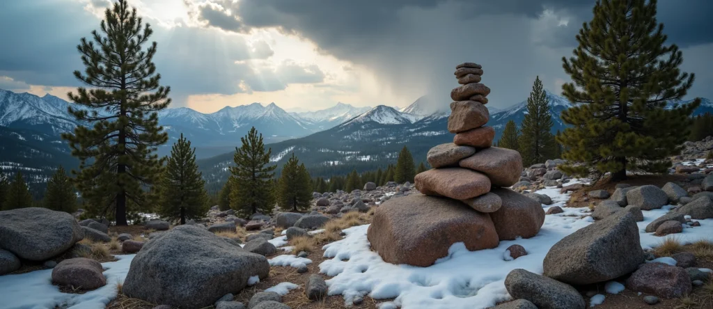 Symbolizing Stability/Peak: A local Ponderosa Pine ancient rock cairn. - AI Generated
