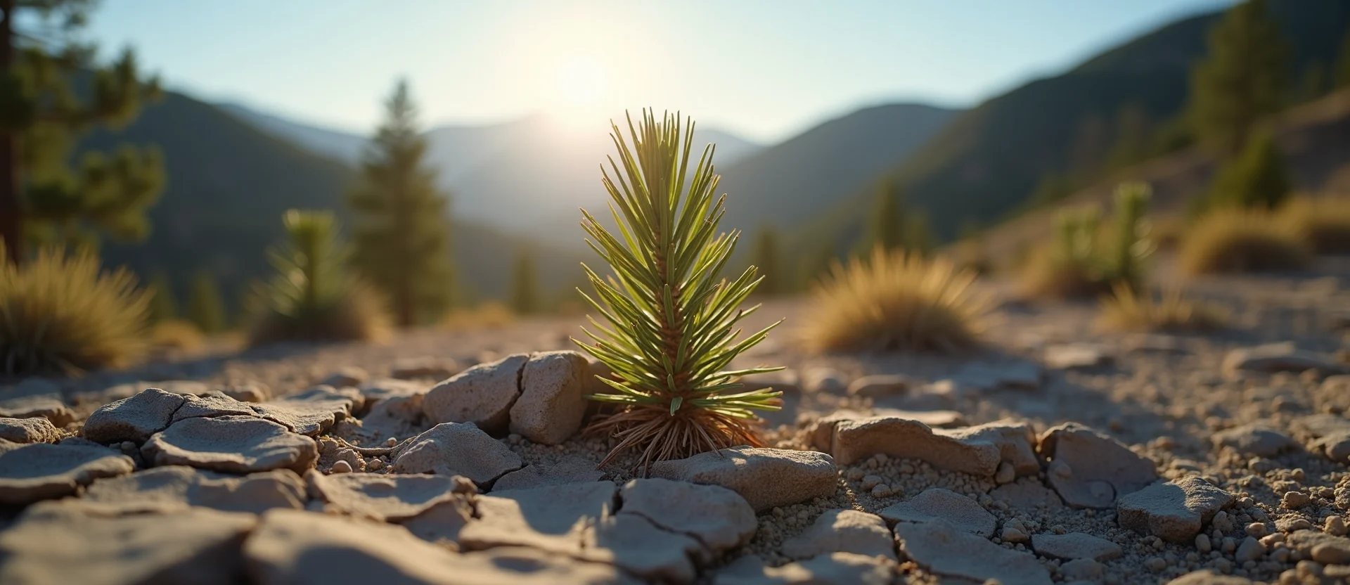 Symbolizing Seed/New Beginning: A local Rabbitbrush shoot emerging from cracked soil. - AI Generated