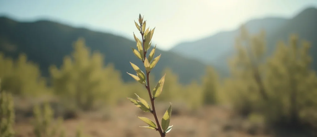 Symbolizing Growth/Resilience: A local Desert Peach new branch reaching for the sky. - AI Generated